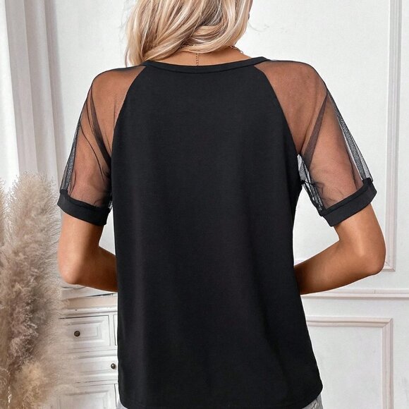 Black Boho Women's Mesh Splice Raglan Sleeve T-Shirt - Picture 4 of 5